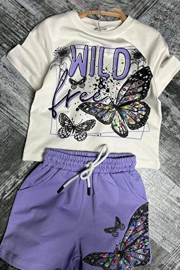 Riccotarz Girl's Butterfly and Text Printed Combed Cotton Purple Shorts Set
