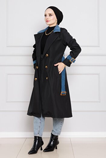 Sevitli Denim Detailed Trench Coat-Black
