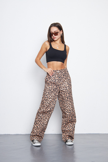 Kutaf Leopard Pattern High Waist Lycra Wide Leg Pants