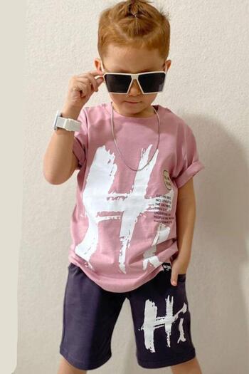 Riccotarz Boy's Powder Colored Hi Printed Short Sleeve Shorts Set