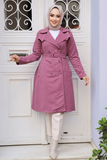 Neva Style Dried Rose Belted Hijab Trench Coat - 61221Gk