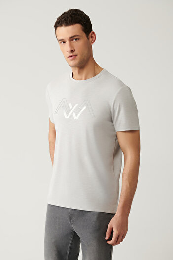Avva Men's Light Gray Crew Neck Printed Soft Touch Regular Fit T-Shirt A41Y1131
