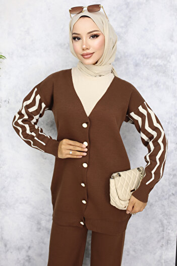 benguen 4064 Model Patterned Brown Knitwear Set