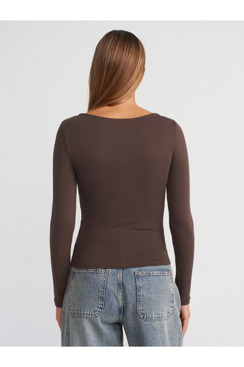 Dilvin 31401 Gathered Boat Neck Top-Dark Brown