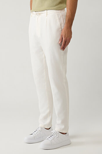 Avva Erkek Kırık Beyaz Beli Bağcıklı Keten Karışımlı Chino Relaxed Fit Pantolon B003036