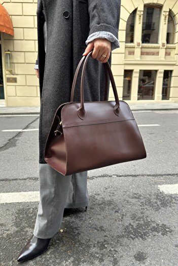 LEONAS XL Size Leather Accessory Detailed Zippered Women's Hand and Shoulder Bag Roman Bitter Brown