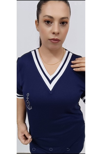 AKŞEN GİYİM LARGE SIZE COLLAR AND ARMS MERCERIZED RIBBED STONE CHIPPER FIGURED SHORT SLEEVE COTTON V-NECK MARIN BLUZ