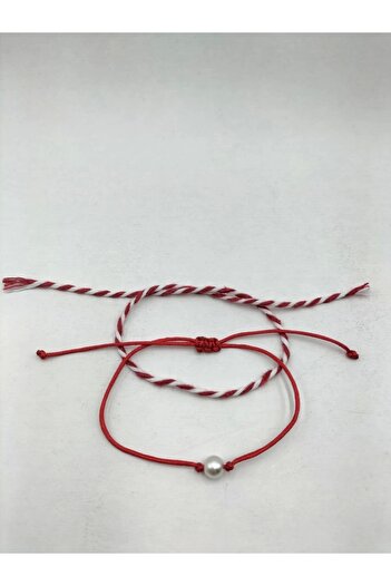 Tralles Takı New Year's Gift Glass Pearl Detailed Red Bracelet and Red and White Lucky Rope