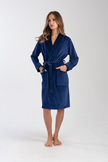 VİENETTA Plus Size Indigo Velvet Dressing Gown - Shawl Collar, C4T0N1O304