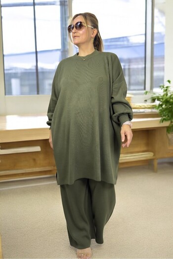 yagmurberen Low Sleeve Mini Slitter Detail Tunic Waist Elastic Pants Extra Large Size Winter Knit Set