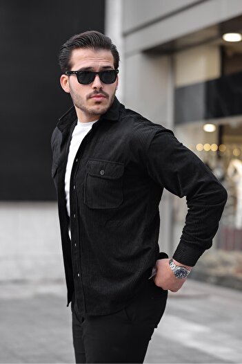 Valiberta Double Pocket Wedge Corduroy Shirt for Men - Black