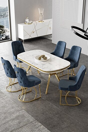 Canisa Epal Serisi 90x168 Lak Panel Beyaz Mermer Desen Masa Takımı Gold Ayaklı 6 Antrasit Sandalye