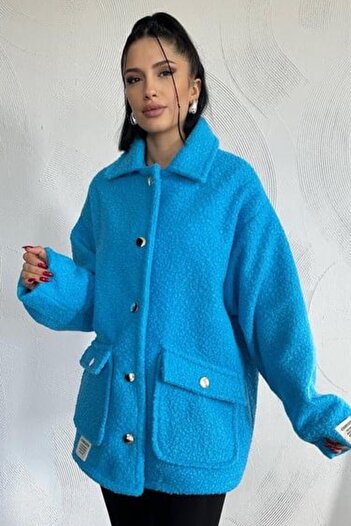 Ded COLLECTION Kadın Cep Kapaklı Düğme Detaylı Yumoş Kumaş Astarlı Teddy Tarz Oversize Kaban Ceket