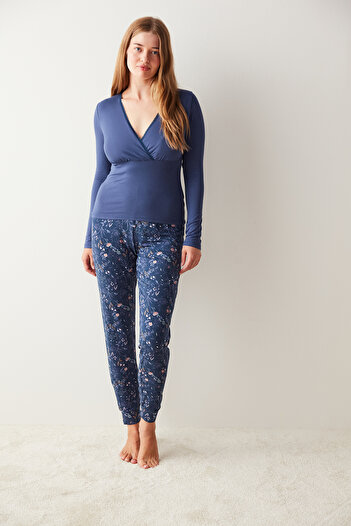 Penti Navy Blue V-Neck T-Shirt Pajama Top