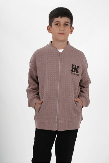 HayKids Boy's Two Thread Fabric Square Patterned Zippered V-Neck Cardigan |   11-15 Years