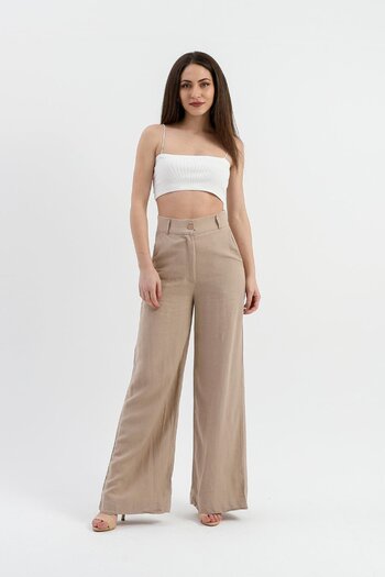 VAPUR TEKSTİL High Waist Mink Linen Trousers - Wide Leg