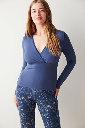 Penti Navy Blue V-Neck T-Shirt Pajama Top
