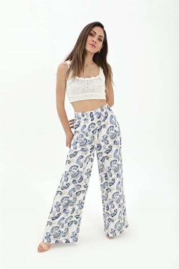 VAPUR Colorful Printed Linen Blue Trousers - Wide Leg
