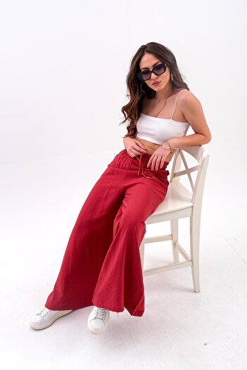 VAPUR Wide Belt Wide Leg Straight Linen Women's Trousers - Dried Rose