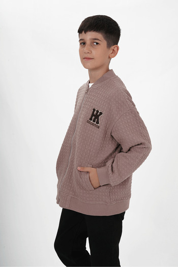 HayKids Boy's Two Thread Fabric Square Patterned Zippered V-Neck Cardigan |   11-15 Years