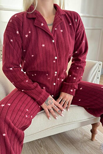 Pijamaevi Bordo Eclipse Desenli Önden Düğmeli Peluş Polar Pijama Takımı