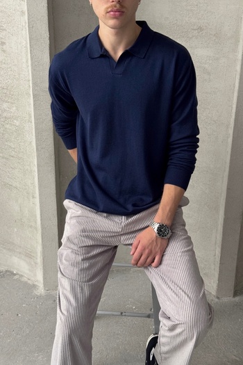 HYMAN Men's Cotton Polo Collar Oversize Knitwear Sweater