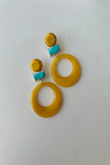 mos&more Yellow Blue Round Large Women's Earrings, Evening Dress, Casual