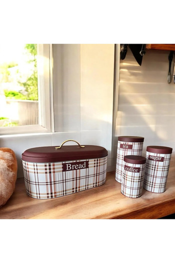 sizinsepetiniz Metal Bread Bowl and 3-Piece Jar Set - Plaid and Leaf Pattern