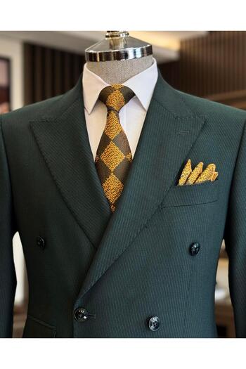 TerziAdemAltun Green Slim Fit Italian Style Double Breasted Jacket and Pants Set - T13001