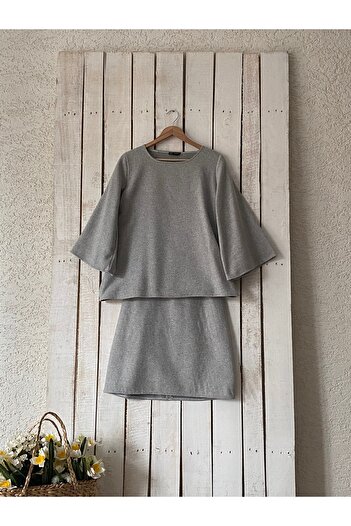 KÜÇÜĞÜM BUTİK Gray Short Stamp Blouse-Skirt Set (Bluz-Skirt)