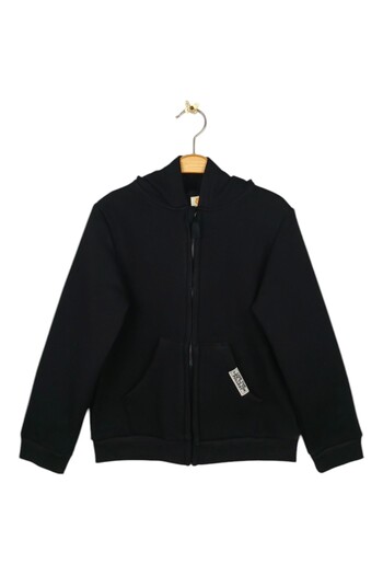 Via Girls Girl's Black Color Pocket Hooded Cardigan |   6-9 Years Old Children's Clothing
