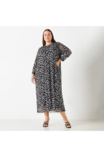 Ulla Popken Plus Size Ulla Popken All-Over Animal Print Midi Dress with Long Sleeves