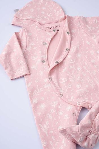 Boumini Bebek Patikli Tulum Şapka Set Bahar Çiçekli Pembe