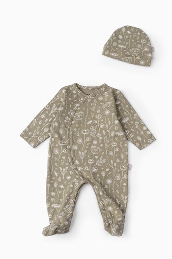 Boumini Baby Booties Jumpsuit Hat Set Spring Floral Khaki