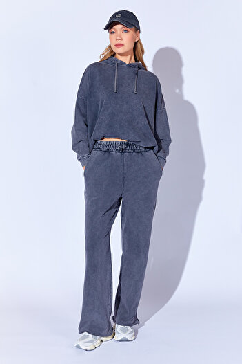 EDITION WOMAN Anthracite Washed Washed Faded Effect Χοντρό τρίκλωνο Palazzo Cut Γυναικείο Pantalon EK 100810056