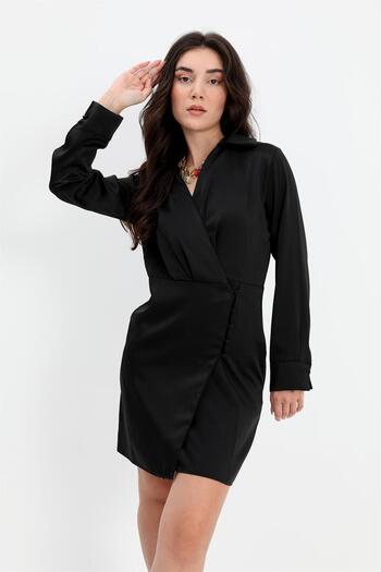 VAPUR TEKSTİL Black Satin Double Breasted Collar Dress - Buttoned