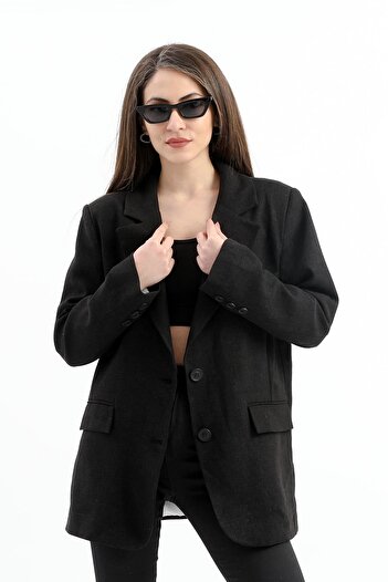 VAPUR TEKSTİL Black Linen Jacket - Double Slit Back