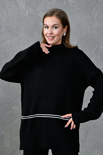 bayansepeti Stretchy Knitwear Stripe Detail Oversize Sweater and High Waist Wide Leg Trousers Black Knitwear Suit 3040