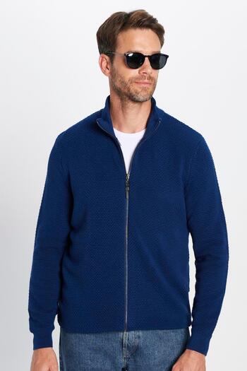 Tudors Mens Printed Half Turtleneck Zipper Blue Cardigan
