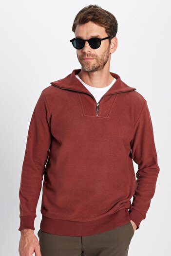 Tudors Unisex Relax Fit Comfortable Cut Patterned Cotton Half Zipper Brick Color Stand Collar Sweatshirt