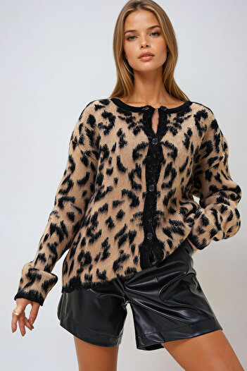 VAGGON Brown Leopard Print Crew Neck Knitwear Women's Cardigan - Prm1258