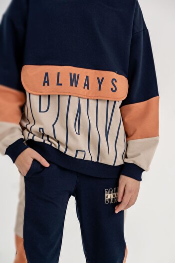 Mışıl Kids Boy's Tracksuit Set - Always Brave Printed, Kangaroo Pocket Detail, Crew Neck