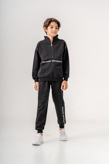 Mışıl Kids Boy's Zippered Collar and Leg Printed Tracksuit Set - Nothing Impossible