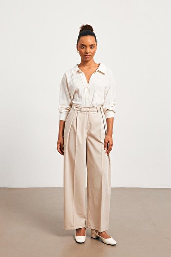 YOUR NAME Buttoned Waist Detailed Stone Women's Palazzo Trousers