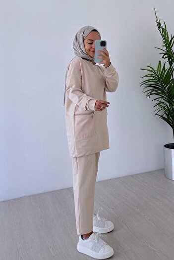 Ka Hijab Crew Neck Zipper Detailed Hijab Set of 2 - Beige