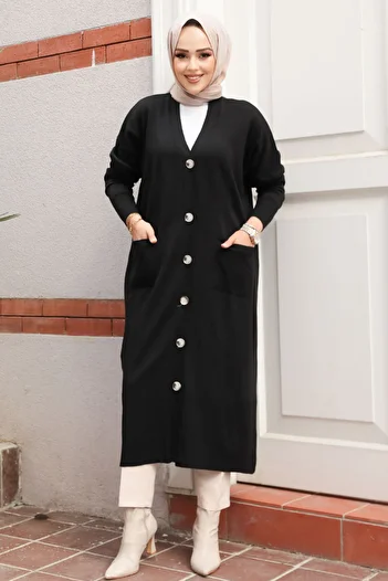 Neva Style Buttoned Black Hijab Knitwear Cardigan 30582S