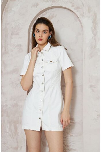 Kutaf White Large Size Short Sleeve Denim Dress