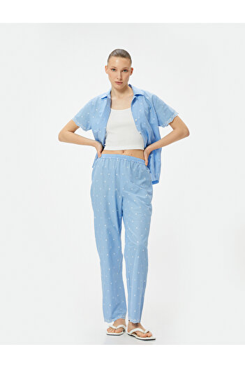 Koton Pantaloni de pijama din bumbac cu detalii de broderie - picior plat și talie elastică