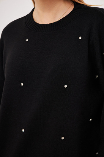 armonika Women's Black Zero Collar Stone Detailed Knitwear Double Suit Arm-25K 012008