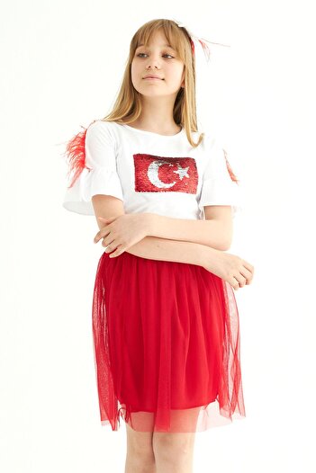 zepkids Crew Neck Short Sleeve Turkish Flag Sequin White Red Color Girl's Skirt Suit